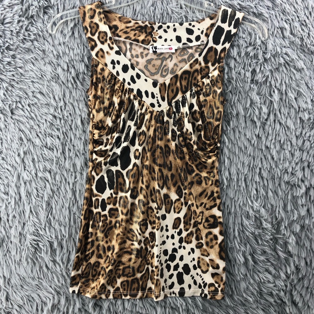 Body Central Blouse Womens Small Cheetah Vneck Brown Black Shimmer Top